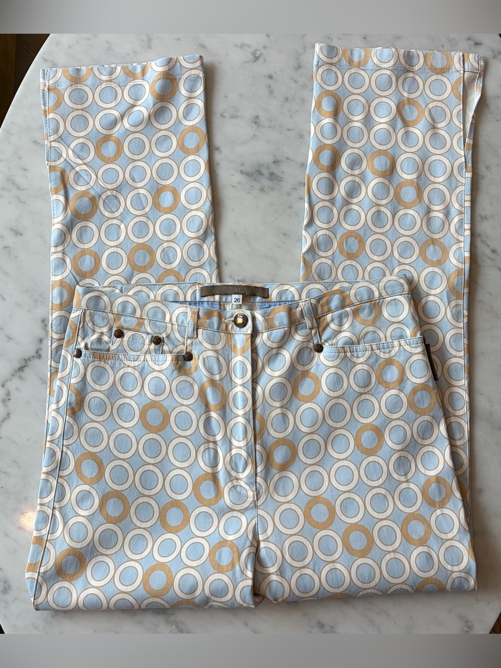 Valentino Jeans 5 pocket pants, lt blue, tan circles, cropped, hem slits, 26,GUC - Picture 9 of 13